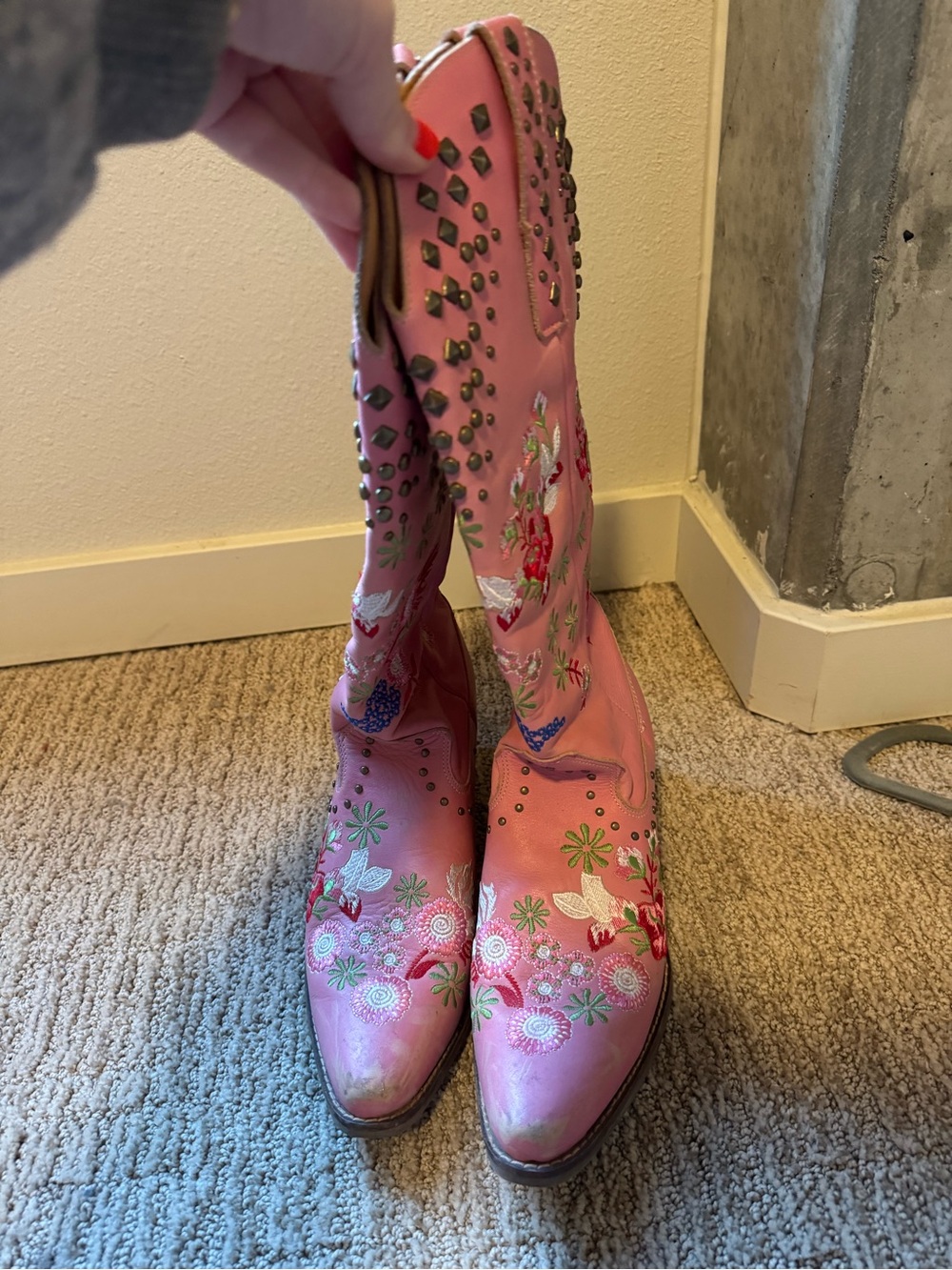 Pink Embroidered Western Knee-High Boots - Women's Fashion Cowboy Boots